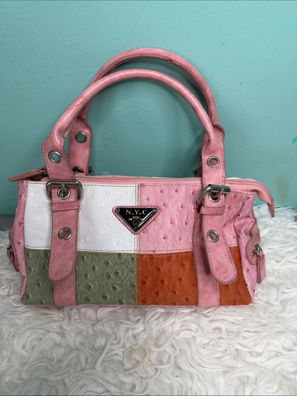 Cute Small ostrich leather Patchwork Pink Multi-Color Tote Bag